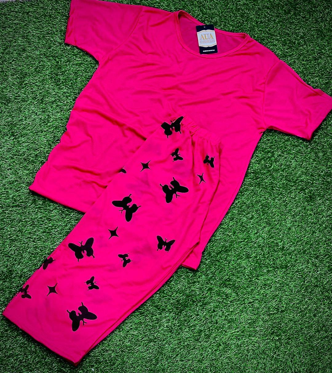 Pink Cotton Night Suit for Women with Butterfly Print