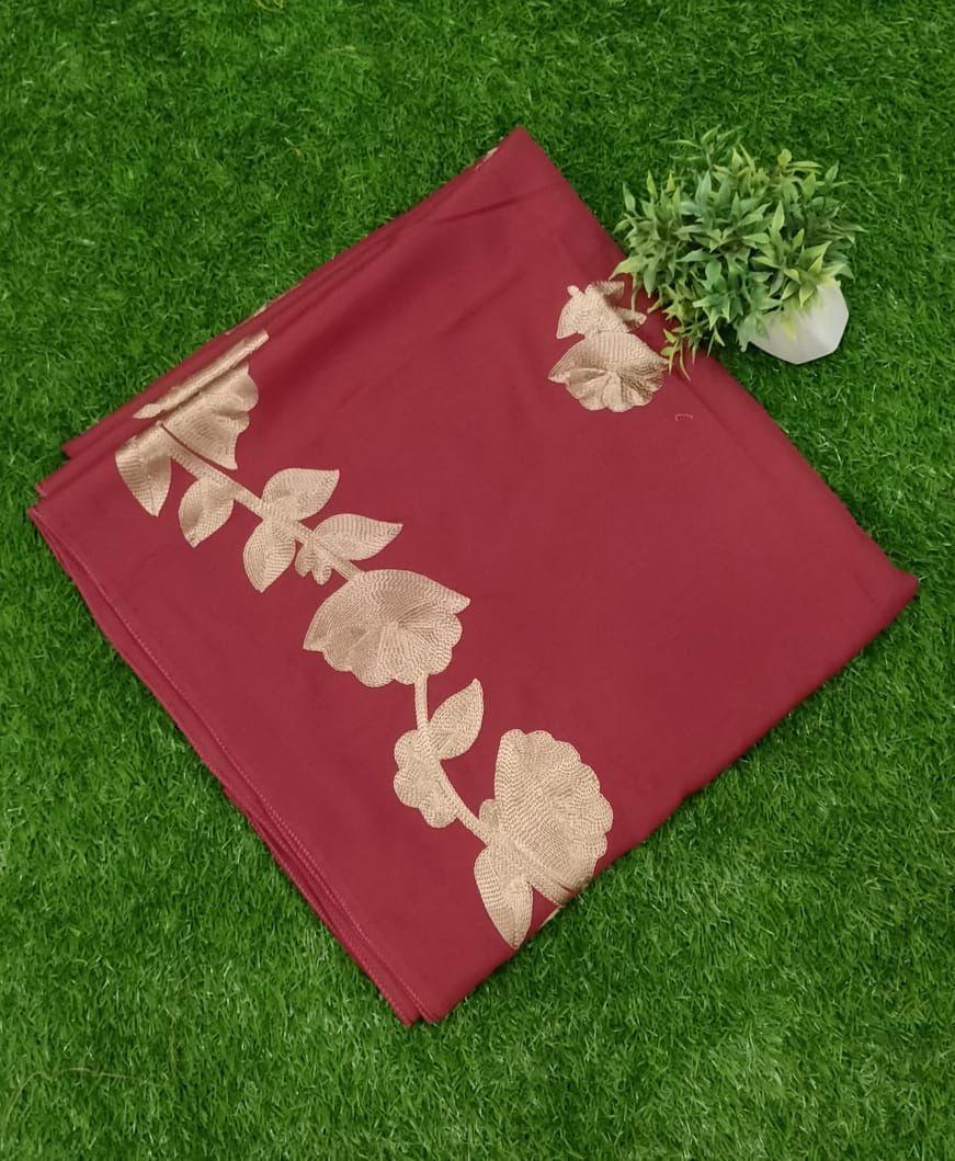 Maroon Linen Shawl with Golden Floral Embroidery 90x56"