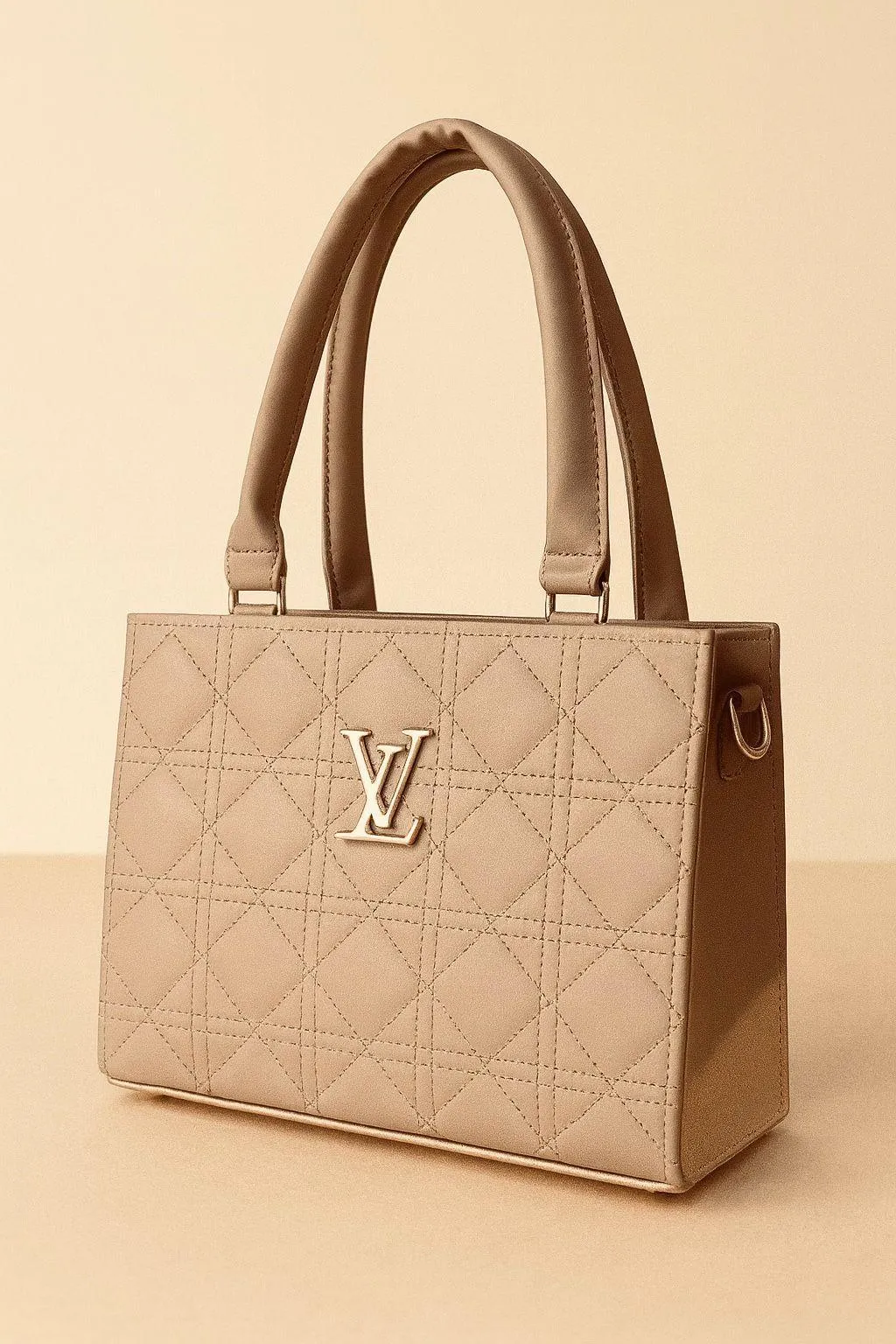 Beige Quilted PU Shoulder Bag for Girls