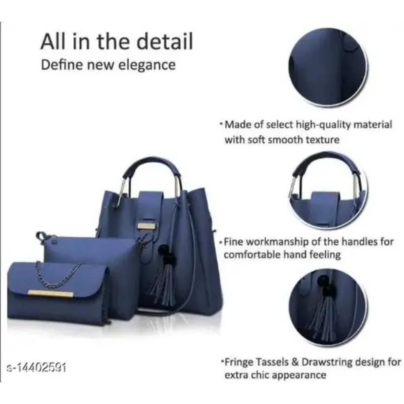 Chic Women's 3 Pcs PU Leather Hand Bag Set in Blue - Perfect Everyday Accessory