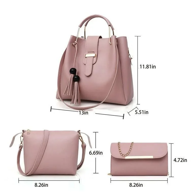 Chic Pink 3-Piece PU Leather Handbag Set for Women