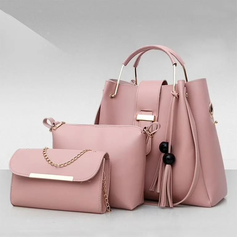 Chic Pink 3-Piece PU Leather Handbag Set for Women