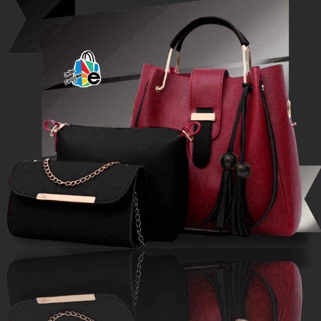3-Piece Leather Handbag Set Maroon Black Tote Clutch