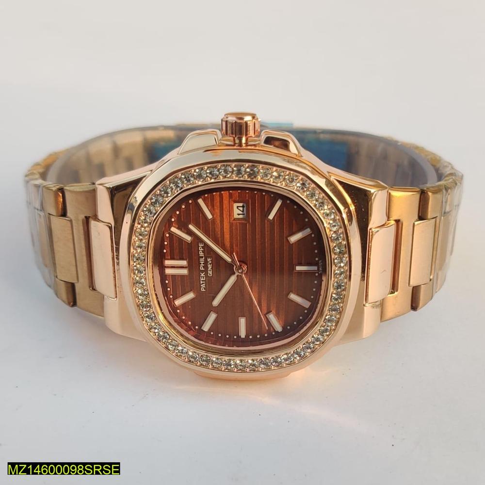 Men's Rose Gold Wristwatch with Diamond Bezel & Quartz Movement