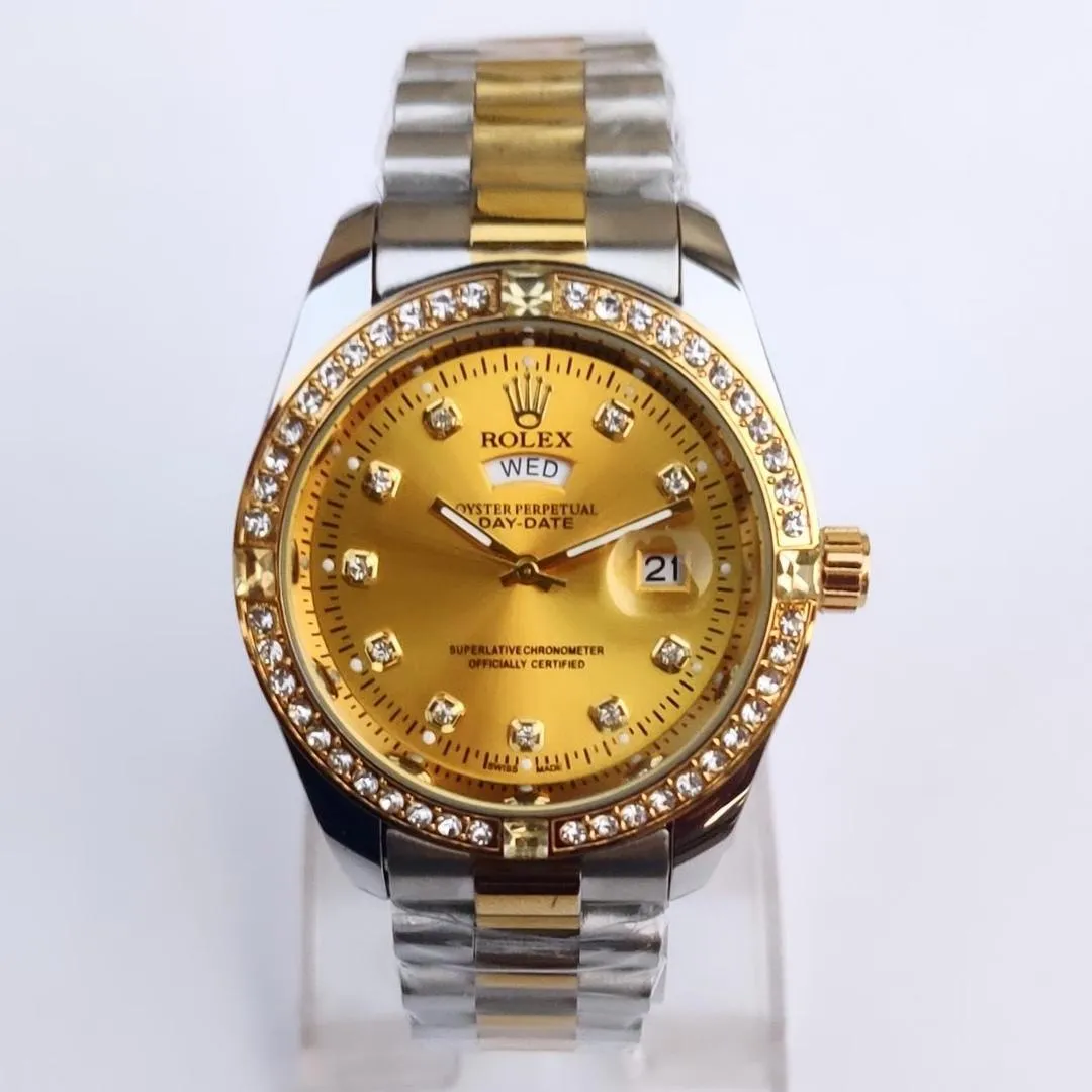 Men's Gold Silver Two Tone Watch with Diamonds & Day Date