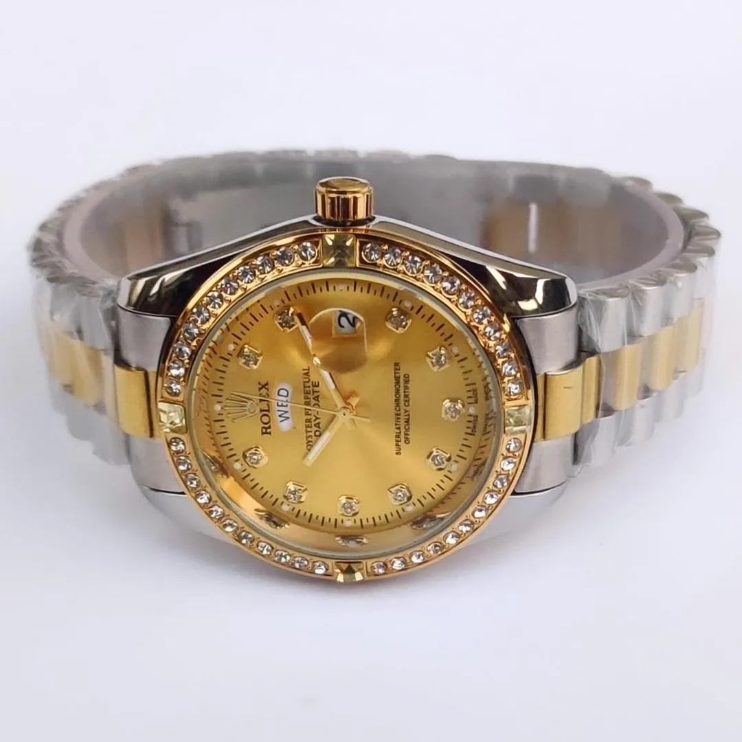 Men's Gold Silver Two Tone Watch with Diamonds & Day Date