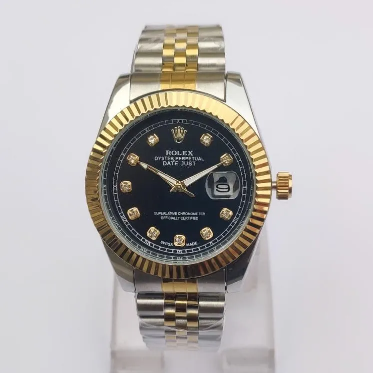 Men Rolex Datejust Watch Gold Steel Black Dial