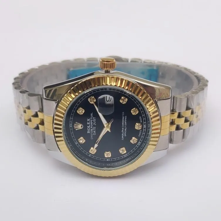 Men Rolex Datejust Watch Gold Steel Black Dial
