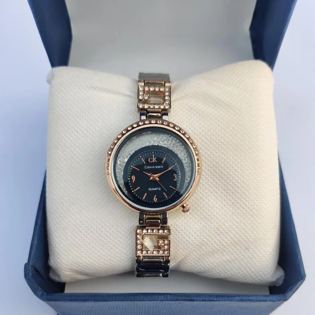 Women Rose Gold Crystal Watch Dark Blue Dial