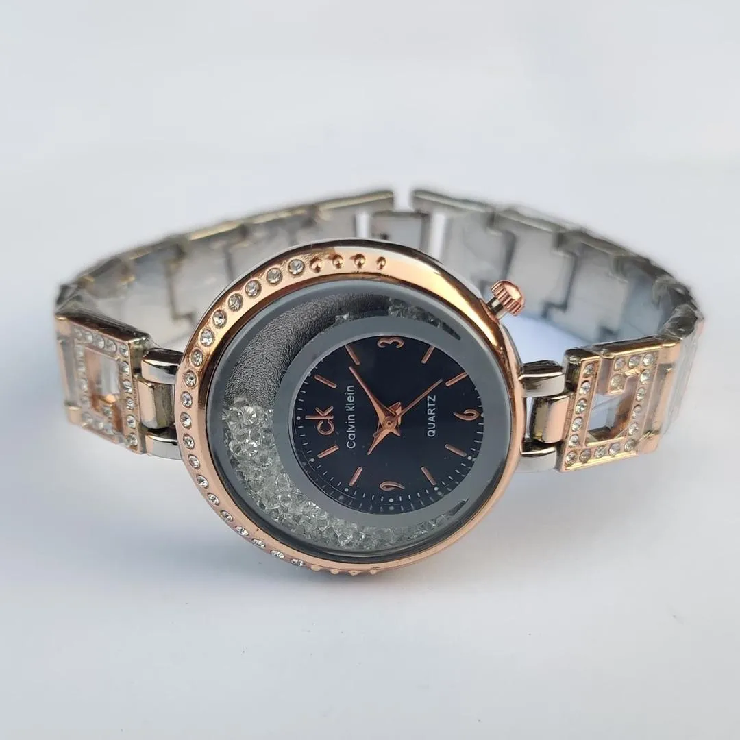 Women Rose Gold Crystal Watch Dark Blue Dial