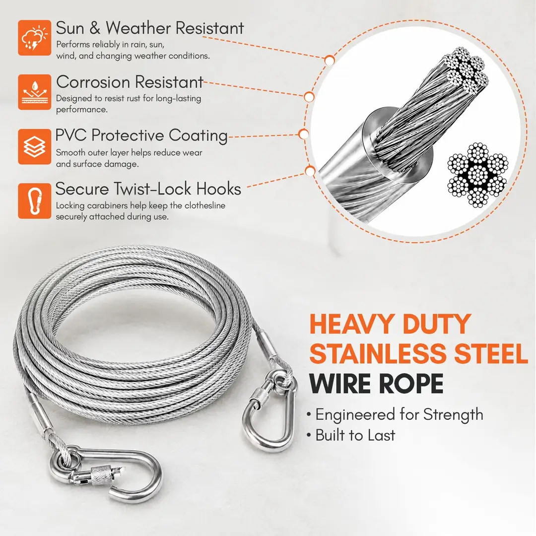PVC Coated Wire Laundry Rope with hooks- 10 meter