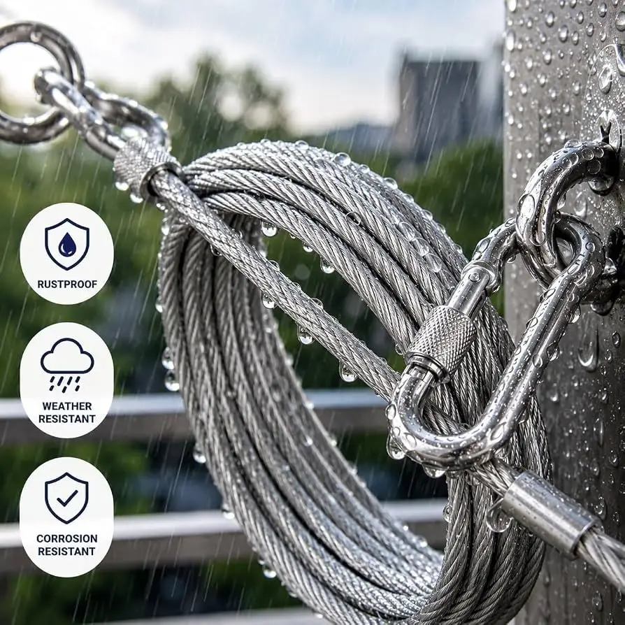 PVC Coated Wire Laundry Rope with hooks- 10 meter