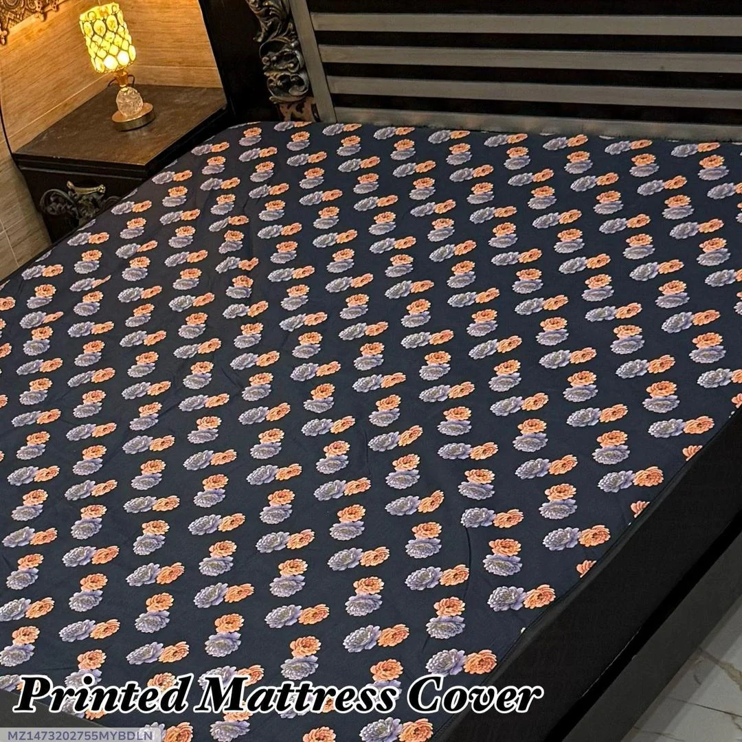 Printed Mattress Cover Waterproof Terry Cotton Blue Floral Double Bed