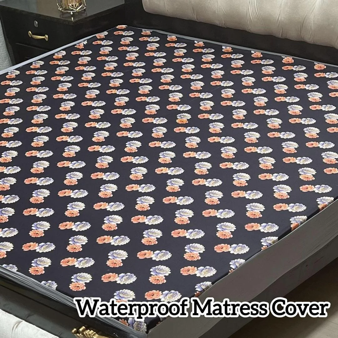 Waterproof Terry Cotton Printed Double Bed Mattress Cover Deep Blue