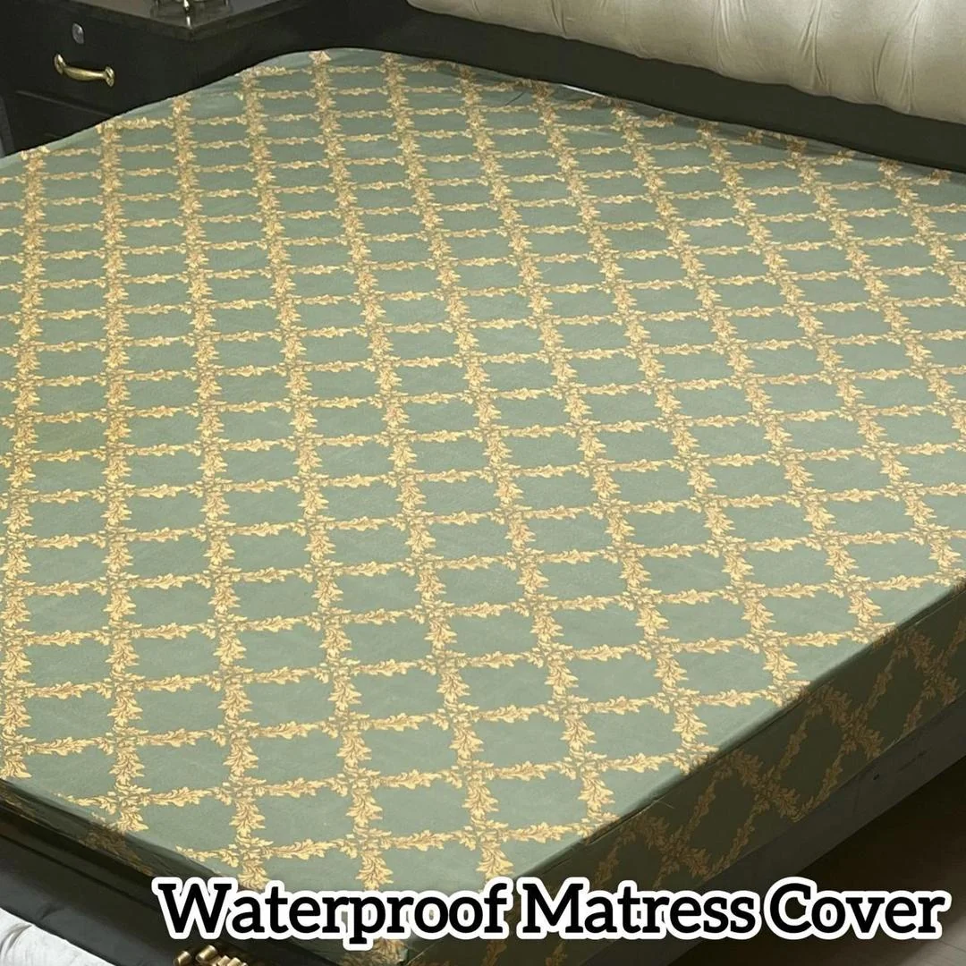 Waterproof Terry Cotton Mattress Cover Green Gold Double Bed