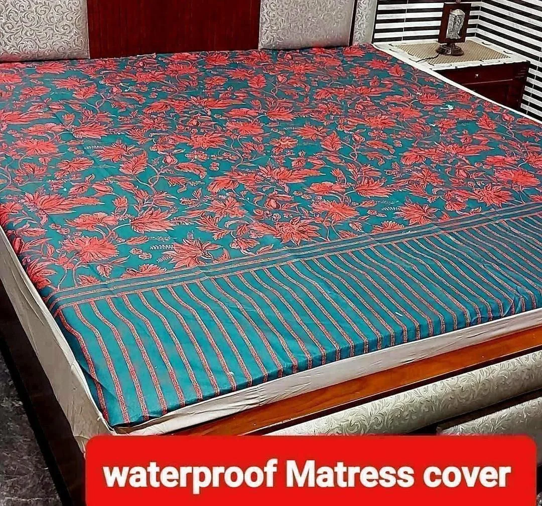 Waterproof Terry Cotton Mattress Cover Green Red Floral Double Bed