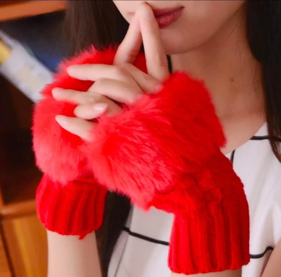 Red Faux Fur Fingerless Gloves for Women Winter