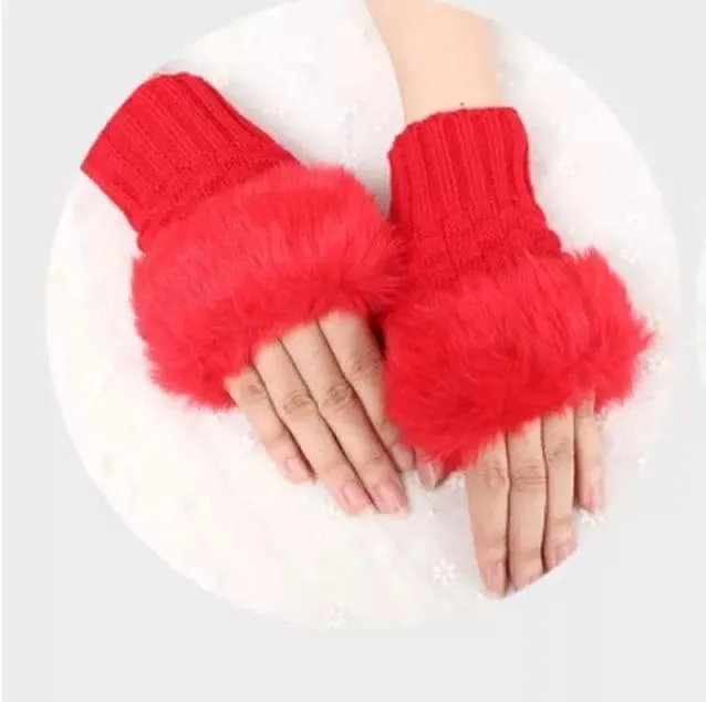 Red Faux Fur Fingerless Gloves for Women Winter