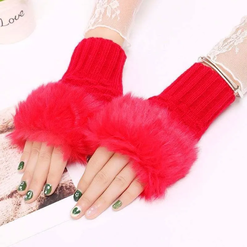 Red Faux Fur Fingerless Gloves for Women Winter