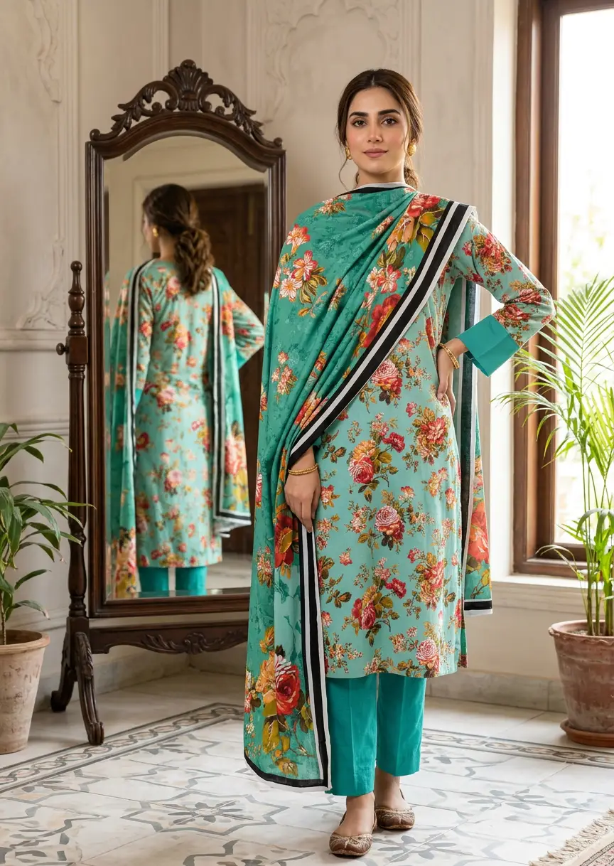 Stylish 3 Pcs Women's Unstitched Lawn Digital Print Suit