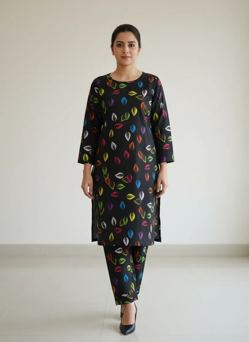 Women Printed 2 Pcs Suit Black Polo Cotton