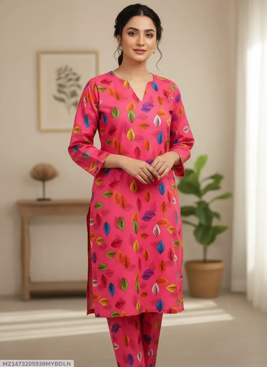 Women Unstitched Printed Suit Pink 2 Pcs Micro Polo Cotton