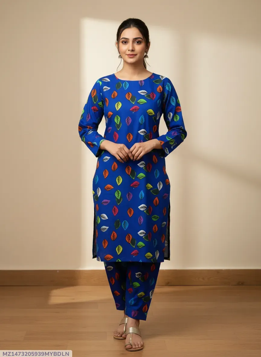 Women Unstitched Printed Suit Blue Polo Cotton 2 Pcs