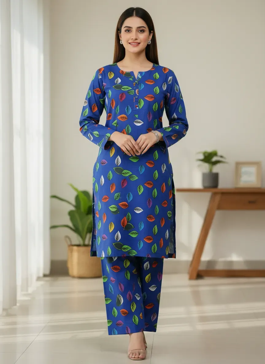 Women Unstitched Printed Suit Blue Polo Cotton 2 Pcs