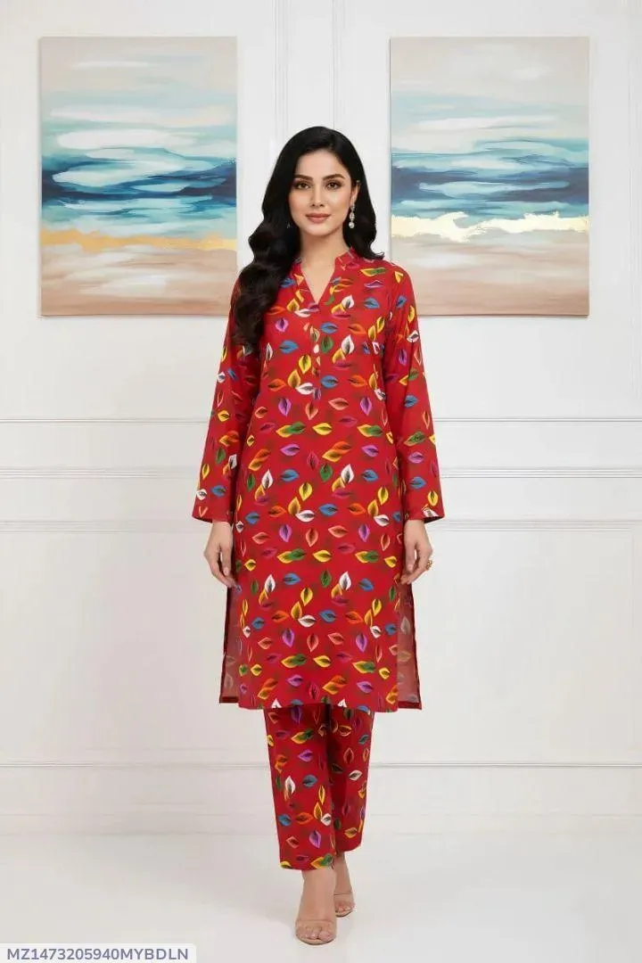 Women Unstitched Printed Suit Red 2 Pcs Micro Polo Cotton
