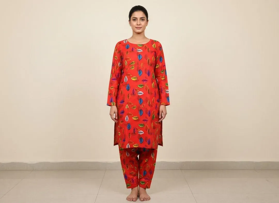 Women Unstitched Printed Suit Red 2 Pcs Micro Polo Cotton