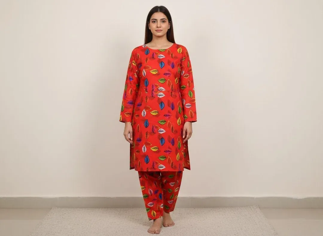 Women Unstitched Printed Suit Red 2 Pcs Micro Polo Cotton