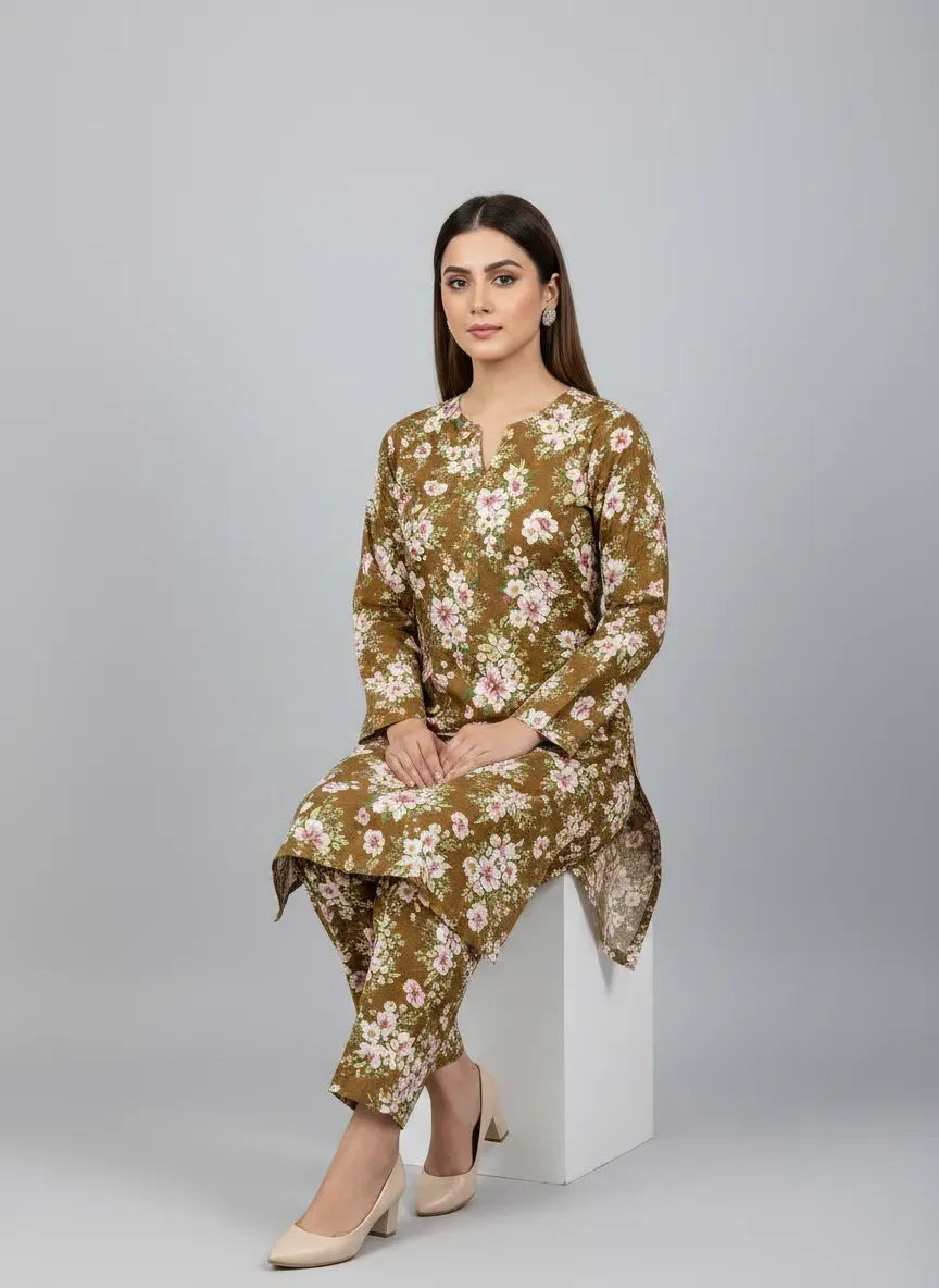 Women Printed 2-Piece Suit Brown Polo Cotton