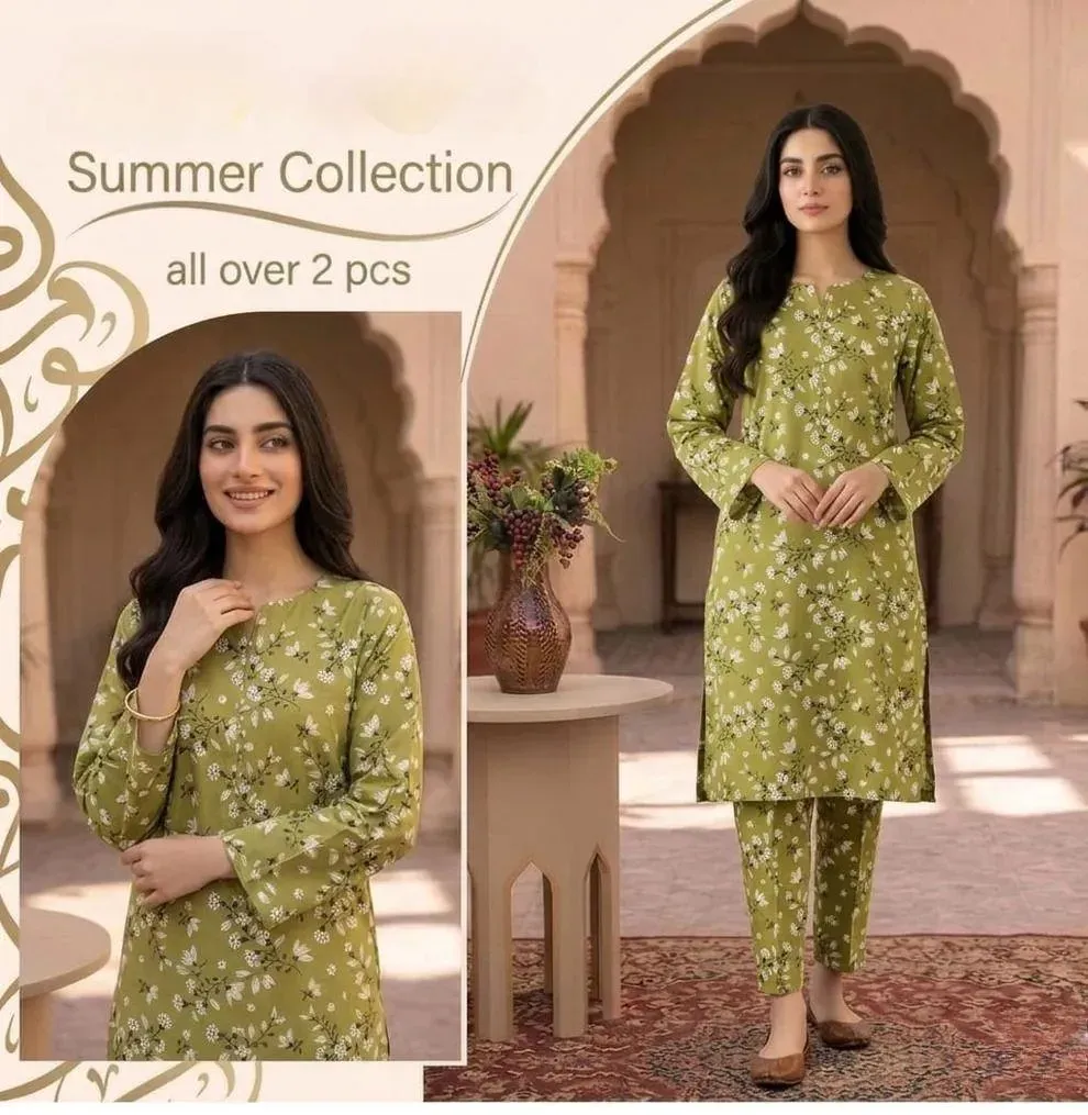 Women Green Printed 2 Pcs Suit Micro Polo Cotton