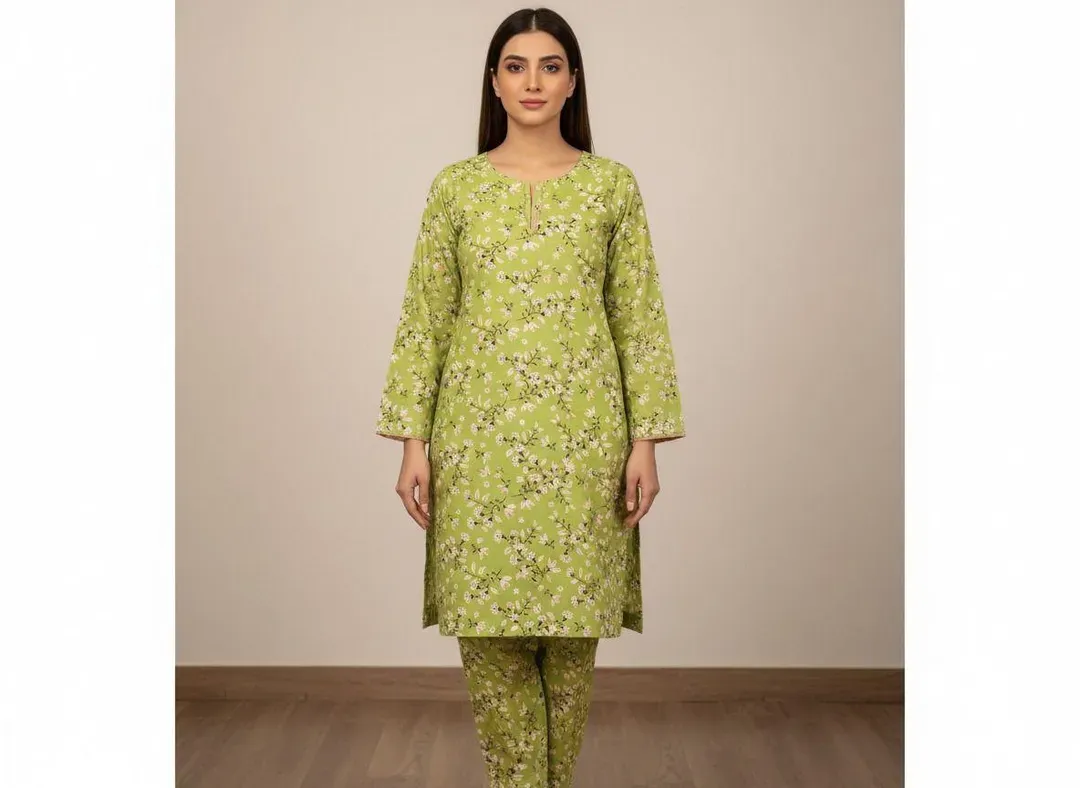 Women Green Printed 2 Pcs Suit Micro Polo Cotton
