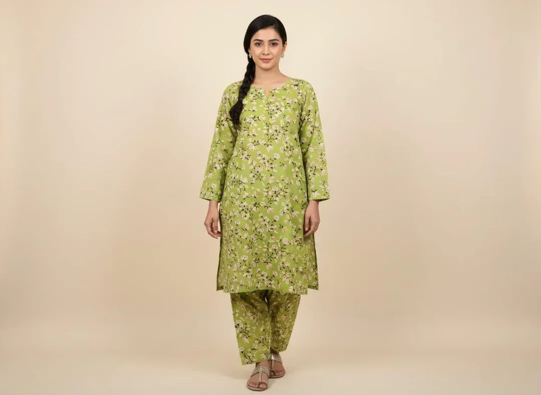 Women Green Printed 2 Pcs Suit Micro Polo Cotton
