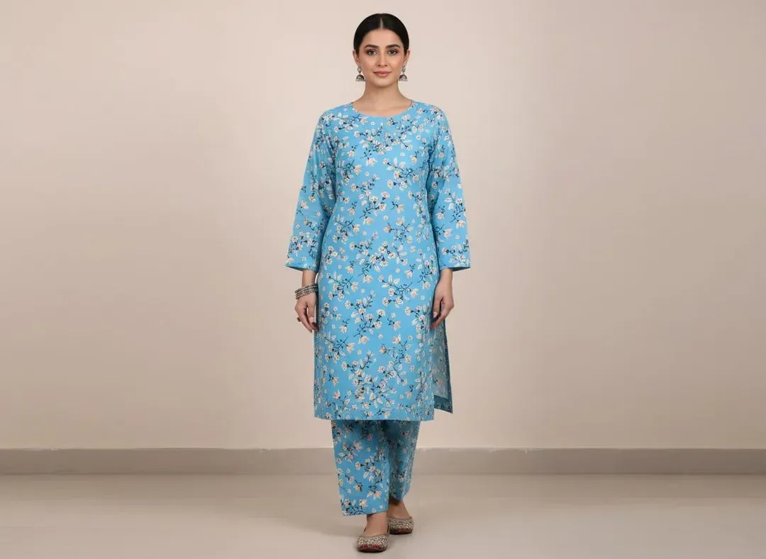 Blue Printed 2 Pcs Women's Unstitched Suit