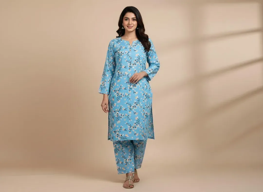 Blue Printed 2 Pcs Women's Unstitched Suit