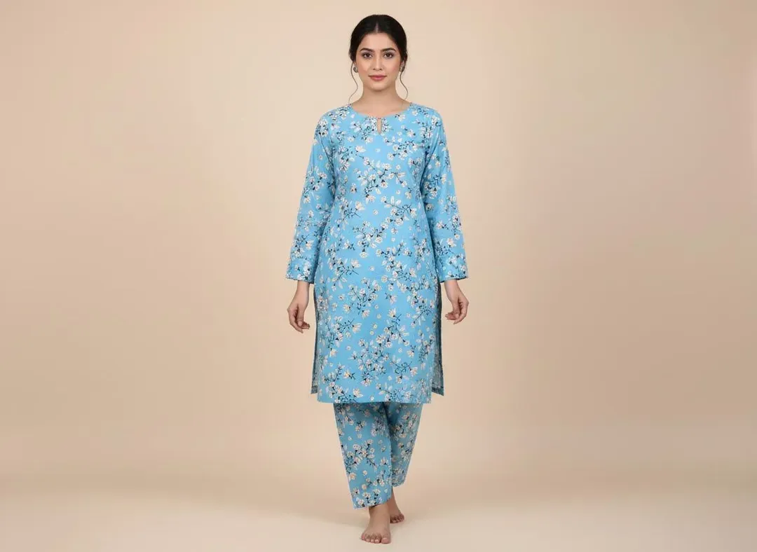 Blue Printed 2 Pcs Women's Unstitched Suit