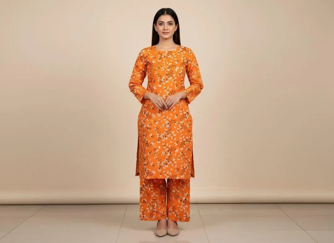 Women Orange Printed 2 Pcs Suit Micro Polo Cotton