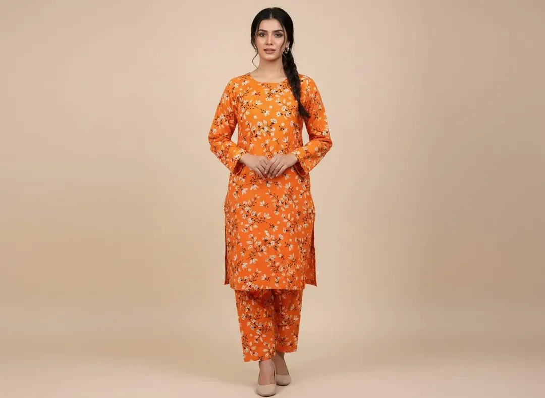 Women Orange Printed 2 Pcs Suit Micro Polo Cotton