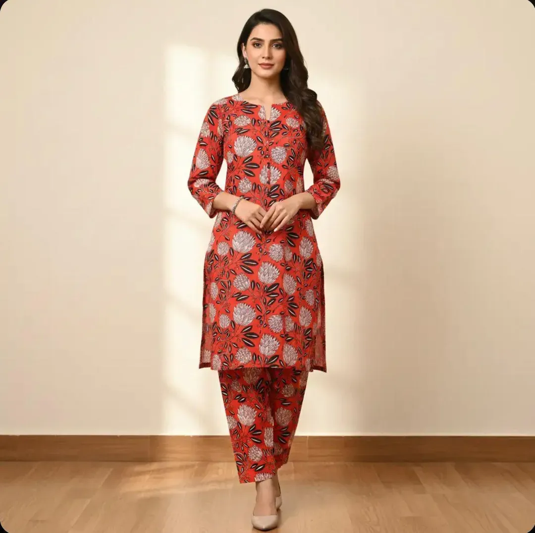 Women Unstitched Printed Suit Red 2 Pcs Micro Polo Cotton