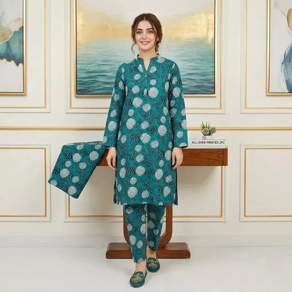 Turquoise Printed 2 Pcs Women's Unstitched Suit Micro Polo Cotton