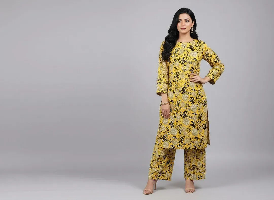 Women Unstitched Printed Suit Yellow Polo Cotton 2 Pcs