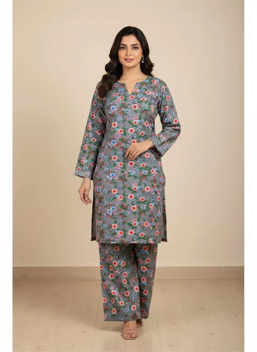 Women Unstitched Printed Suit Grey Polo Cotton 2 Pcs