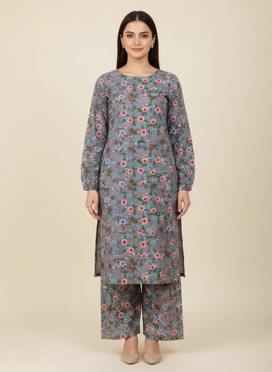 Women Unstitched Printed Suit Grey Polo Cotton 2 Pcs