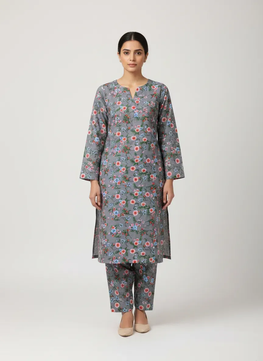Women Unstitched Printed Suit Grey Polo Cotton 2 Pcs