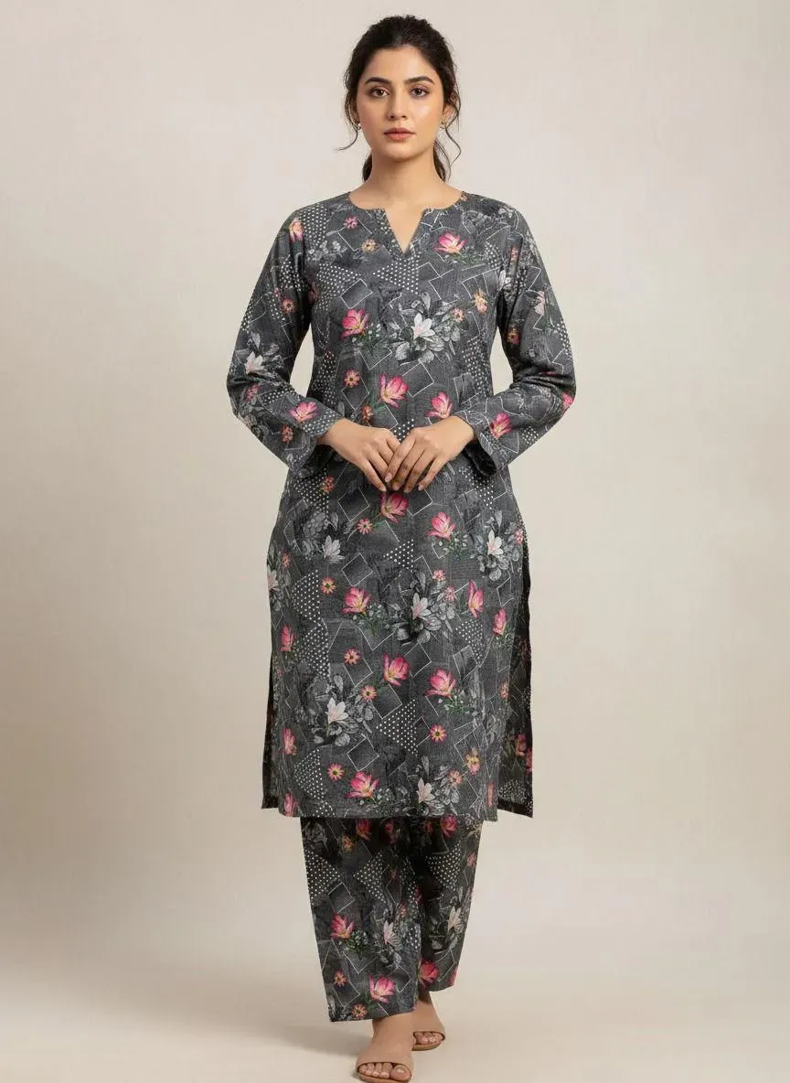Grey Printed 2 Pcs Women's Unstitched Suit Micro Polo Cotton