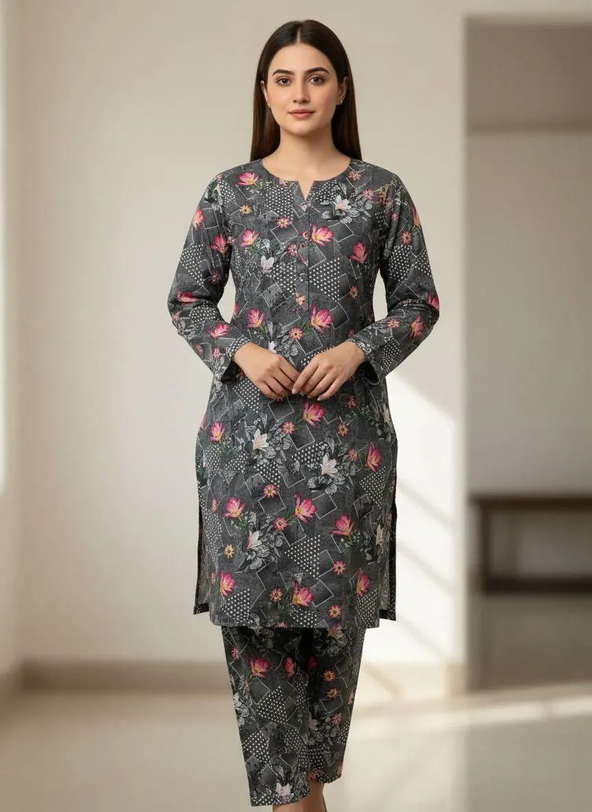 Grey Printed 2 Pcs Women's Unstitched Suit Micro Polo Cotton