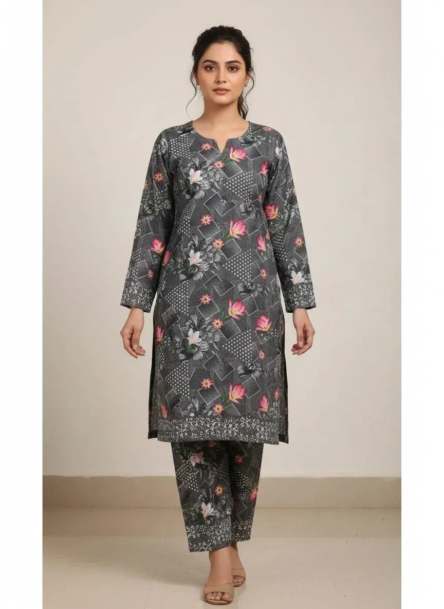 Grey Printed 2 Pcs Women's Unstitched Suit Micro Polo Cotton
