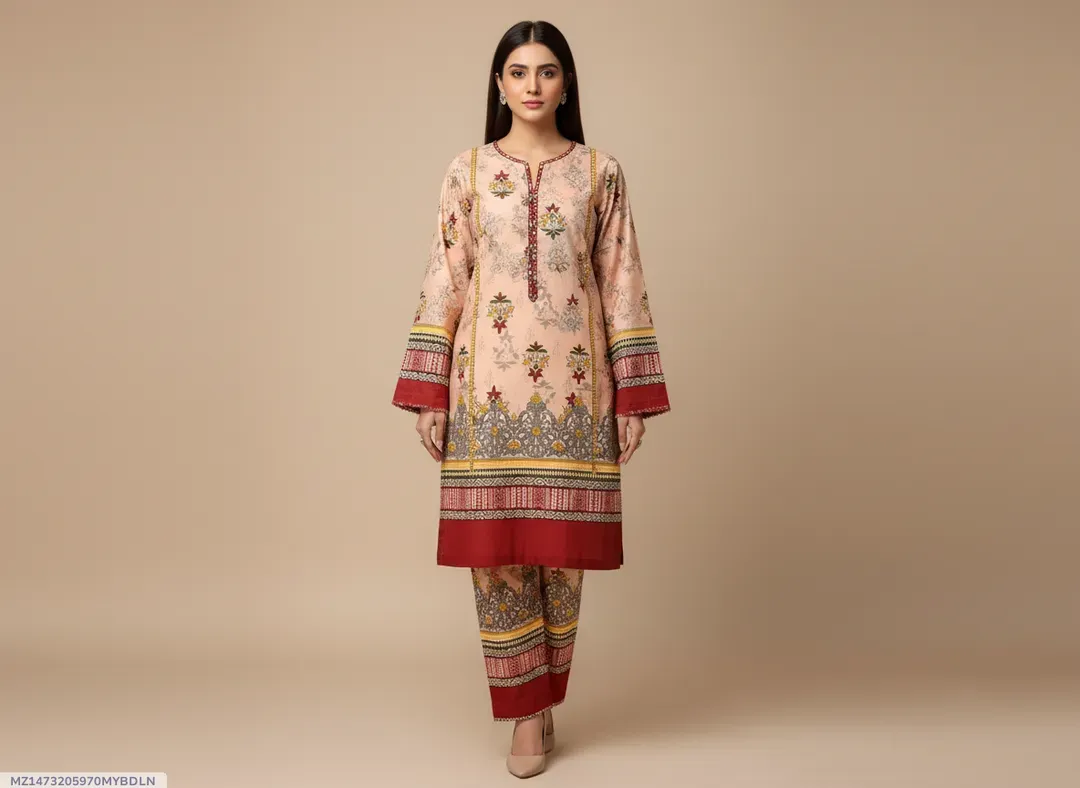 Women Unstitched Printed Suit Pink Polo Cotton 2 Pcs